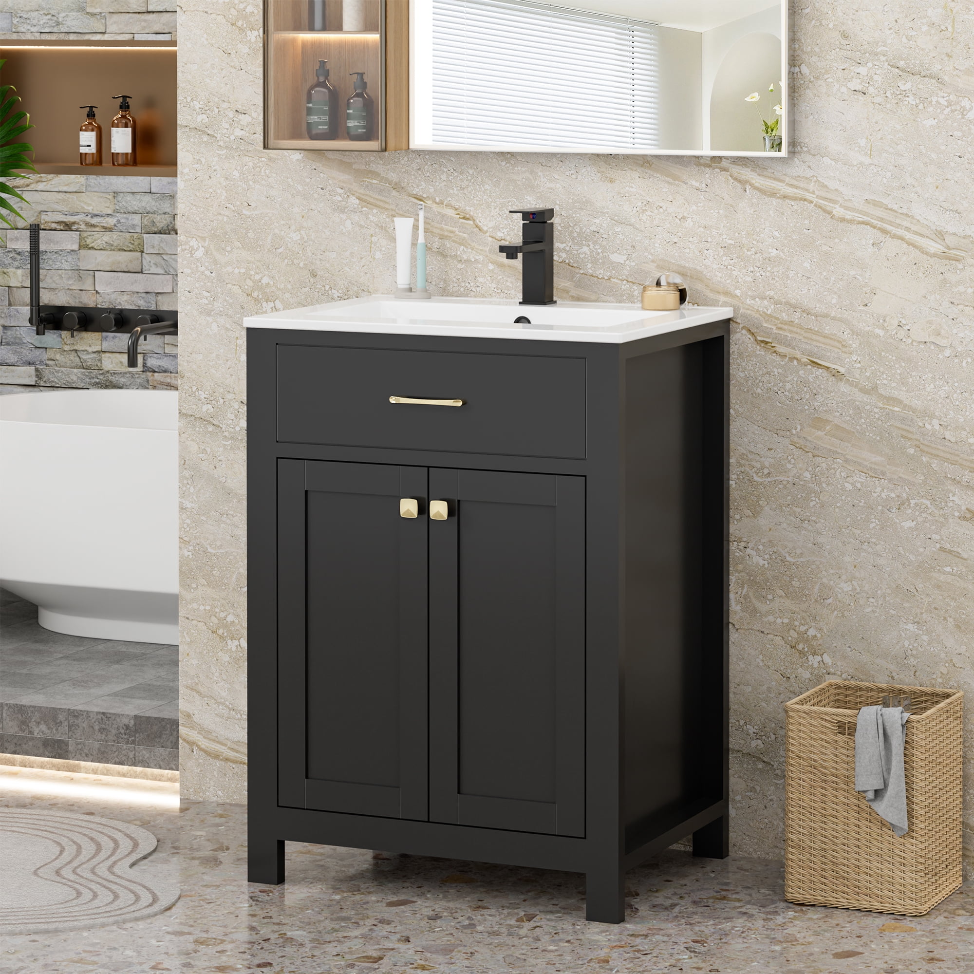 Eclife 24-Inch Freestanding Single Bathroom Vanity with Ceramic Sink Top