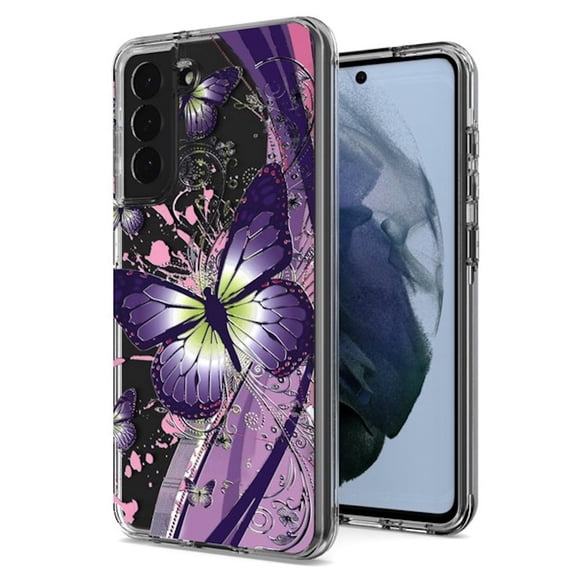 Butterfly Series Dual Layer Transparent Hybrid Case for Samsung Galaxy S21 FE 5G - Purple Pink