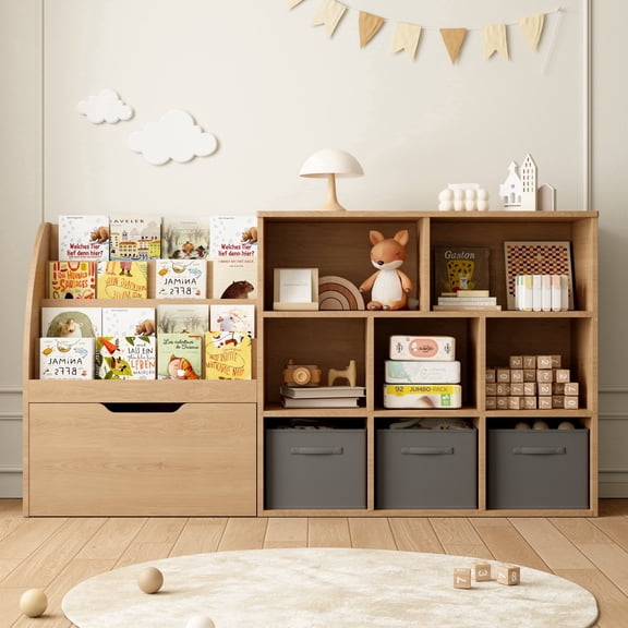 Fatmok Kids Bookshelf with Reading Nook & Rolling Drawers, 5-Cubby Toy Storage Organizer for Playroom Bedroom, Natral Wood