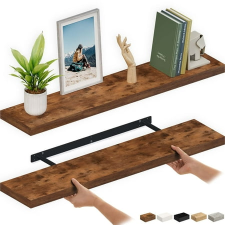Condition photo showing New/Like New for ballucci 48 floating shelves 2-pack wood wall shelf set with invisible brackets 8 deep rustic brown