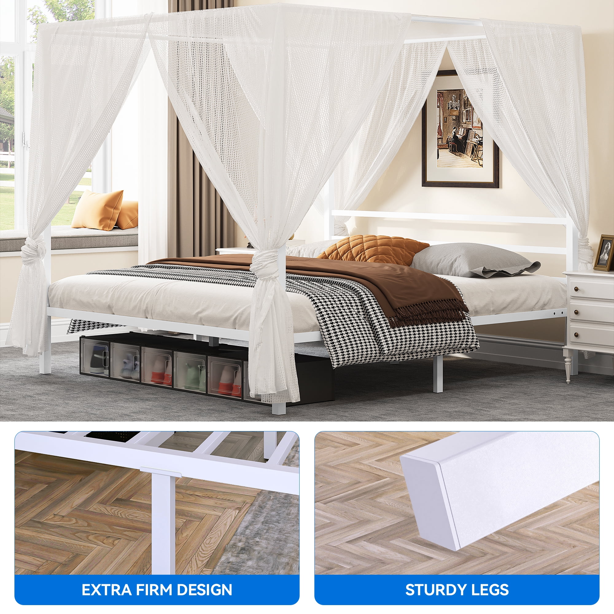 Uforic 4-Poster 14-inch King Canopy Bed Frame with Headboard with Strong Metal Slats, White