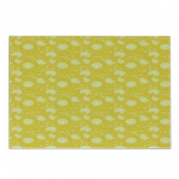 Yellow and White Cutting Board, Abstract Style Tender Dandelion Blossoms with Flyaway Leaves Springtime, Decorative Tempered Glass Cutting and Serving Board, in 3 Sizes, by Ambesonne