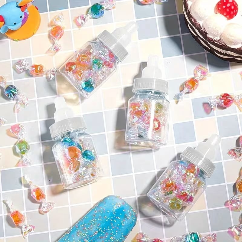 34pcs 3.5-inch Clear Plastic Mini Bottles for Baby Baptism Party - Elegant Candy Boxes with White Lids for Baby Shower Favors & Decorations