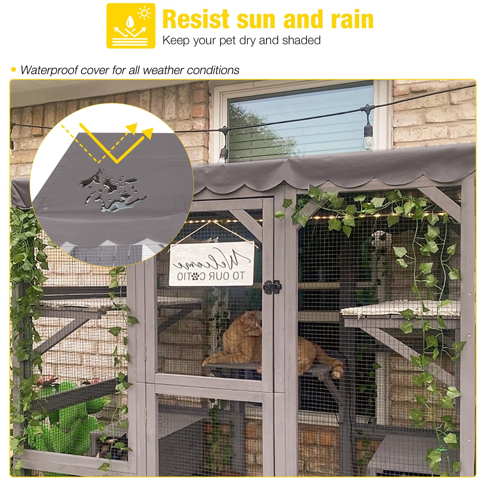 Aivituvin Cat House Outdoor Catio Kitty Enclosure, Wooden Cat Cage Condo Indoor Playpen with Large Enter Door and Platforms for Kittens
