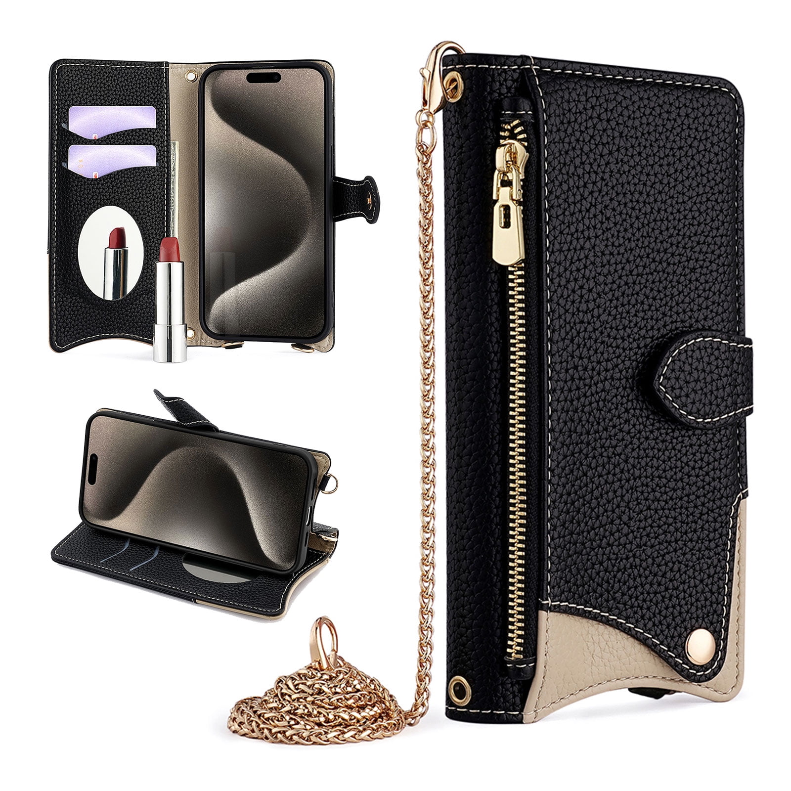 Crossbody for Samsung Galaxy S26 Ultra Case Card Holder,Premium PU Leather Wallet Case for Women with Strap Shoulder Chain,Zipper Coin Pocket Kickstand [Make-up Mirror] Magnetic Closure Cover,Black