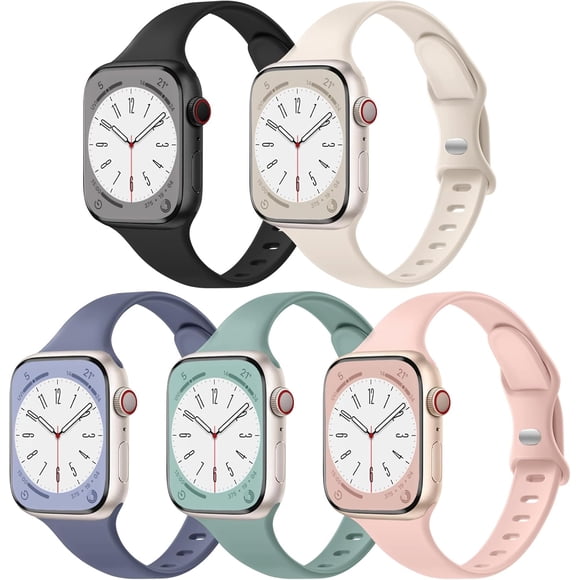 Correa delgada compatible con pulseras de Apple Watch para mujeres 40mm 38mm 41mm 42mm 44mm 45mm 46mm 49mm, correa estrecha de silicona suave para iWatch Series 10-1 SE, paquete de 5