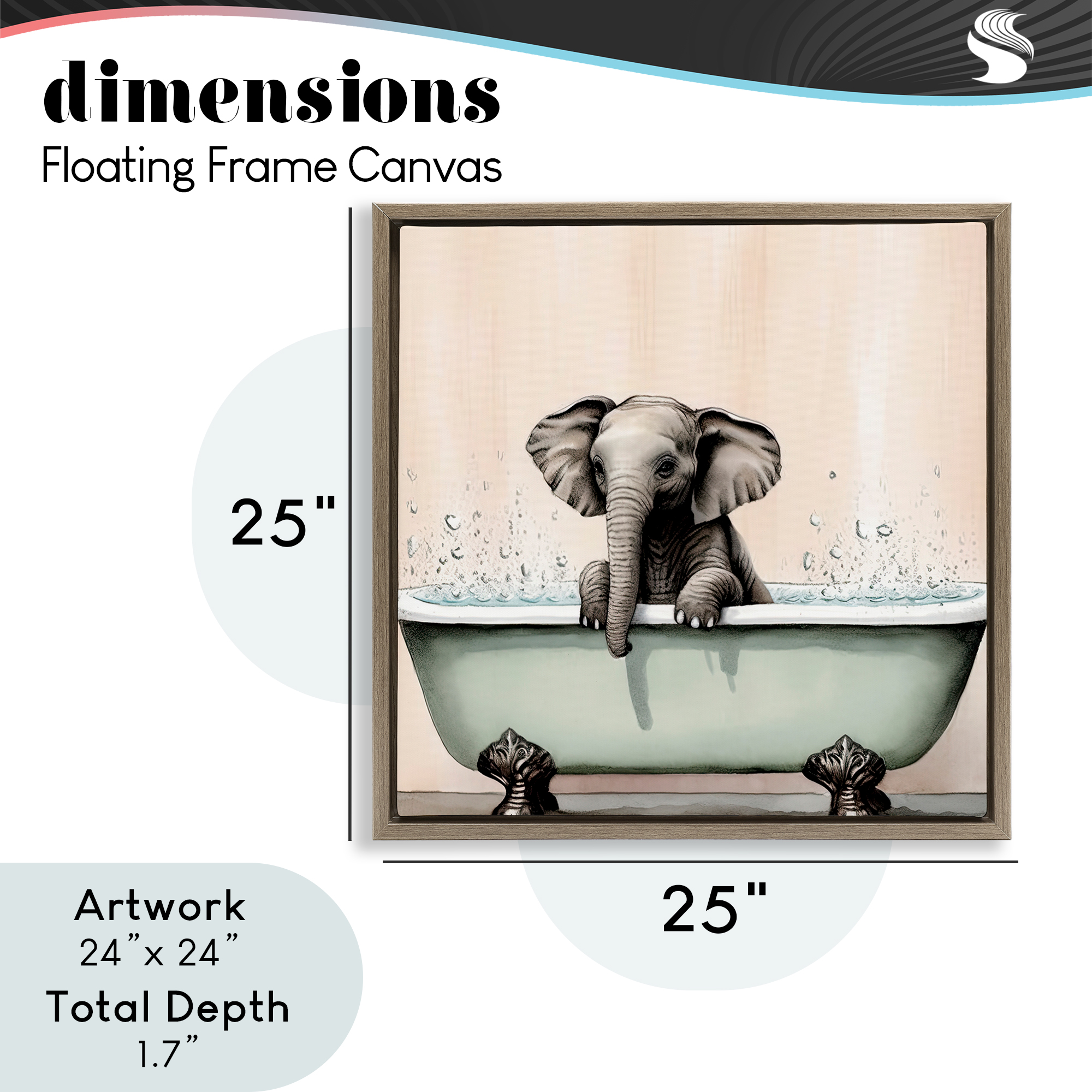 Baby Elephant Bathtime Brown Framed Floater Canvas Wall Art, design by Sasha