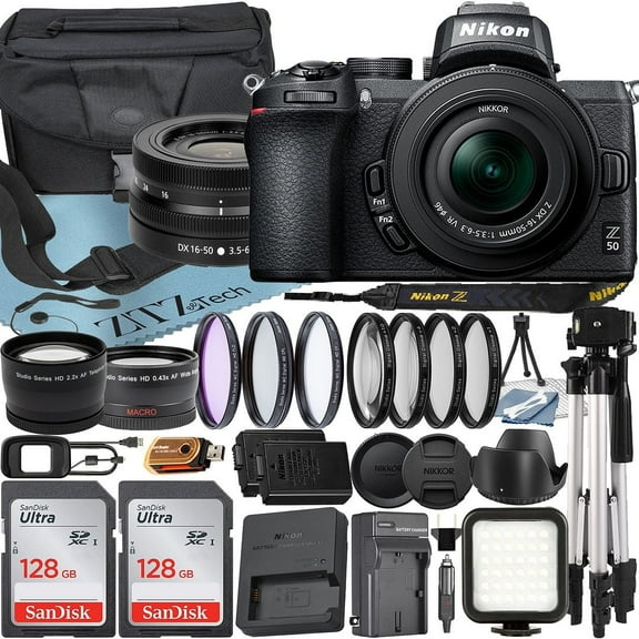 Nikon Z50 Mirrorless Camera with NIKKOR Z DX 16-50mm VR Zoom Lens   SanDisk 128GB Card   Case   Telephoto   Tripod   ZeeTech Accessory Bundle (International Version)