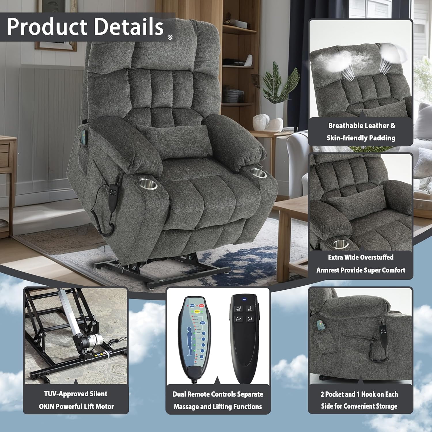 REHOUSING Adult Chenille Living Room Power Lift and Massage Heat Recliners with Cup Holders and Side Pockets, Gray