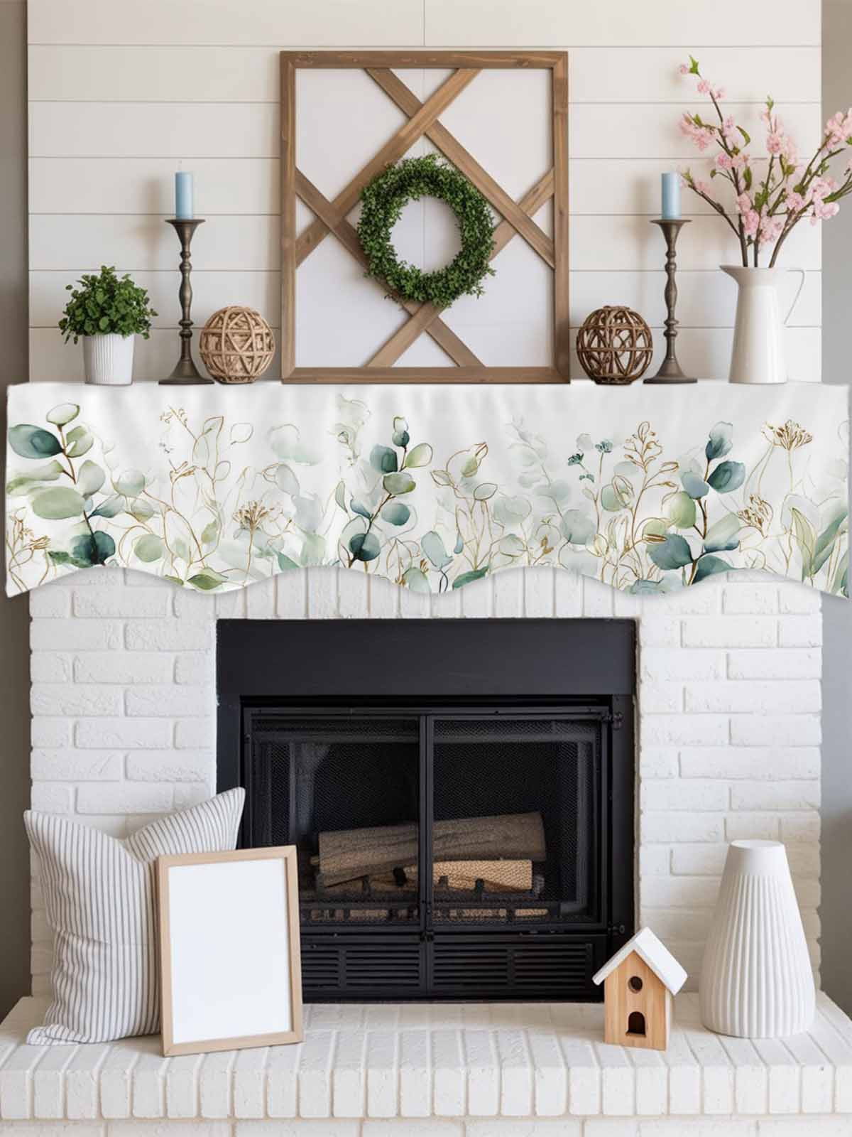 Eucalyptus Leaves Fireplace Mantle Scarf, Watercolor Sage Green Gold Branches Mantel Cover Table Runner for Home Living Room Door Window, Indoor Outdoor Holiday Party Decor 17" x 90"