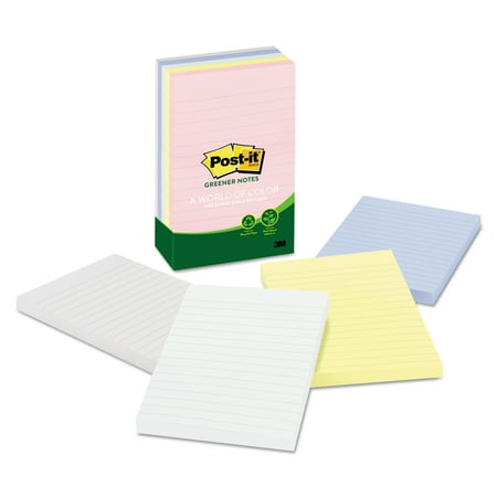 Post-it Greener Notes Recycled Note Pads, Lined, 4 x 6, Assorted Helsinki Colors, 100-Sheet, 5/Pack