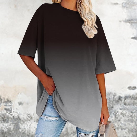 Sweet Home Farm Short Sleeve Shirts for Women Lady's Summer Sleeved Two Color Gradient Round Neck Loose T Shirt T Shirts for Women Black