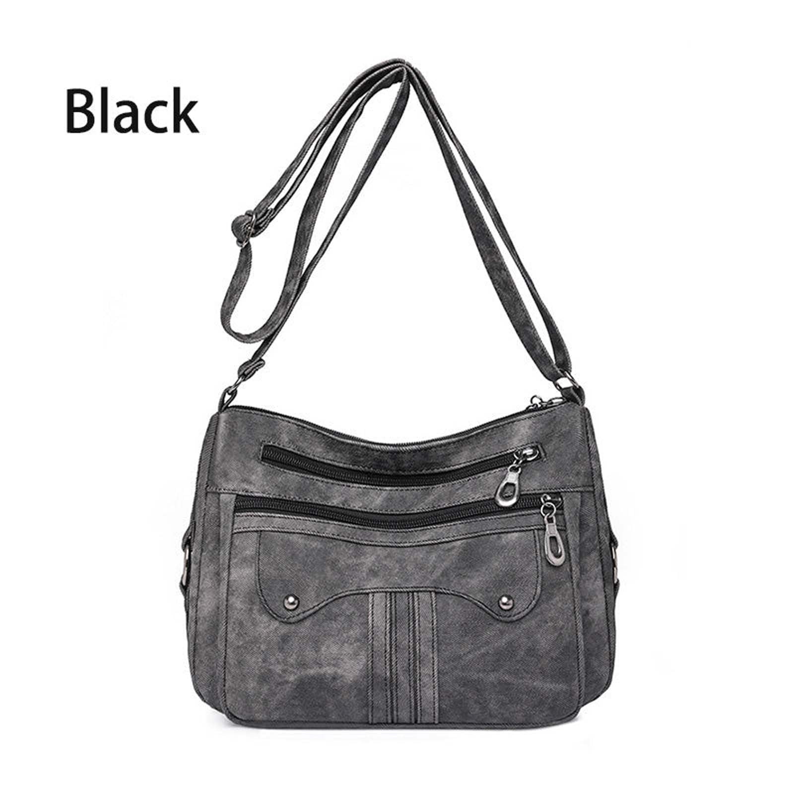Black Large Capacity Shoulder Bag Washed Leather Tote Bag For Women Multipurpose Mom Bag Crossbody Purse With Adjustable Strap Multiple Pockets Vintage Style Handbag For Daily Use