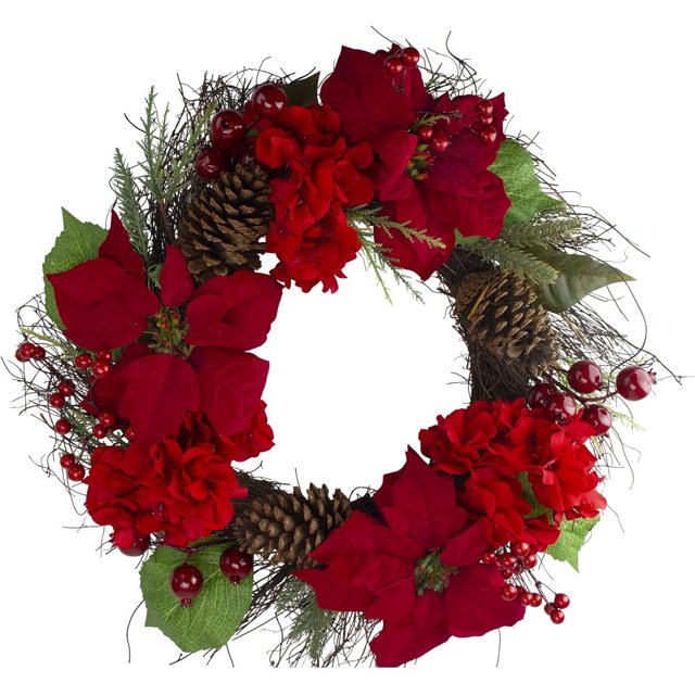 Corona navideña artificial de flores de Pascua y hortensias, 24 pulgadas, sin iluminación