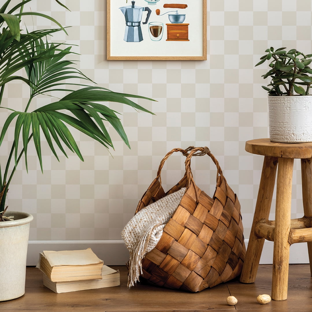 Tempaper Checkmate Beige Peel and Stick Wallpaper, 20.5" x 16.5'