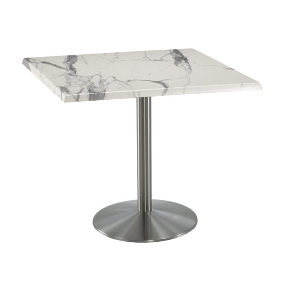 Indoor/Outdoor 36" Tall OD214 Stainless Steel Table Base with 22" Diameter Foot and 36" x 36" Square Indoor/Outdoor White Marble Top by the Holland Bar Stool Co.