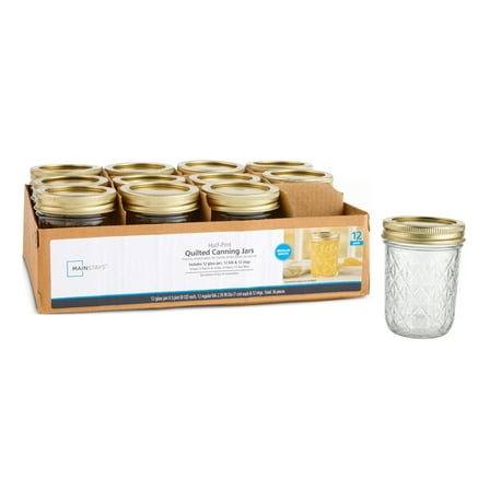 Mainstays Decorative 8 oz Mason Jars 12pk, Regular Mouth Small Canning Jars and Lids, Bulk Glass Jars for Gift Giving, Jam, Jelly, Relishes, Dips, DIY Crafts
