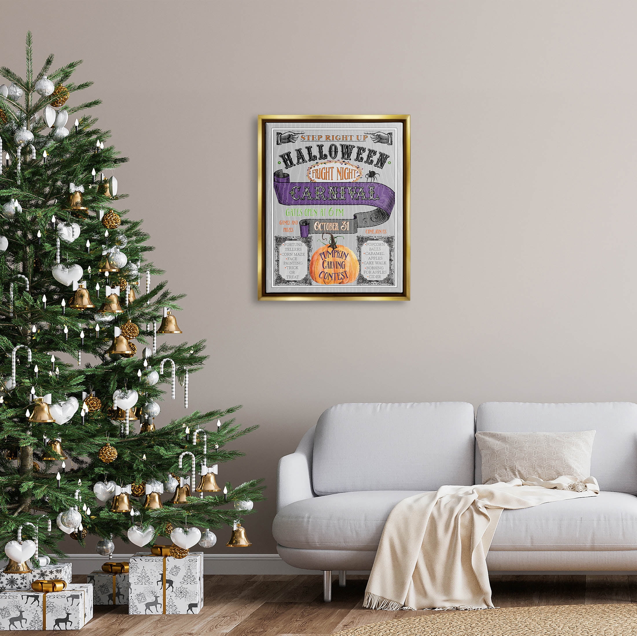 Stupell Industries Halloween Fright Night Carnival Sign Graphic Art Metallic Gold Floating Framed Canvas Print Wall Art, Design by Livi Finn