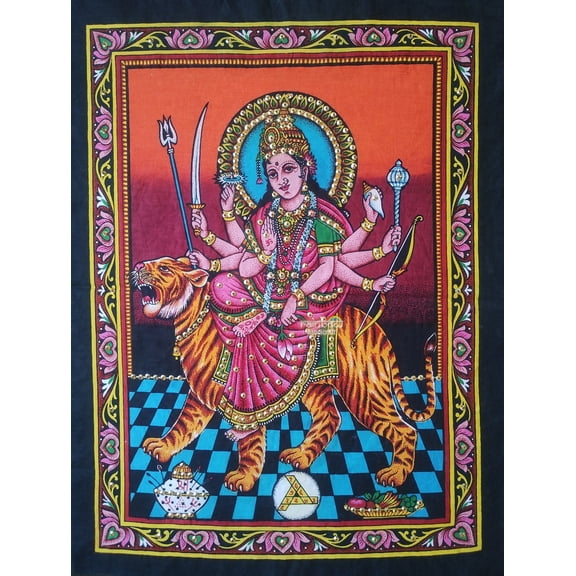 Goddess Durga Amba Tapestry, Hindu Sequin Artwork Wall Hanging Cotton Printed Poster Home Decor Gift