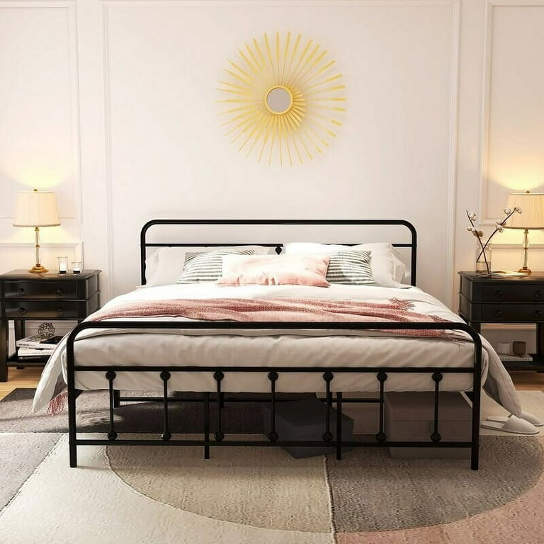 molamola Classic Retro Iron Metal Pipe Platform Bed Frame Black Queen