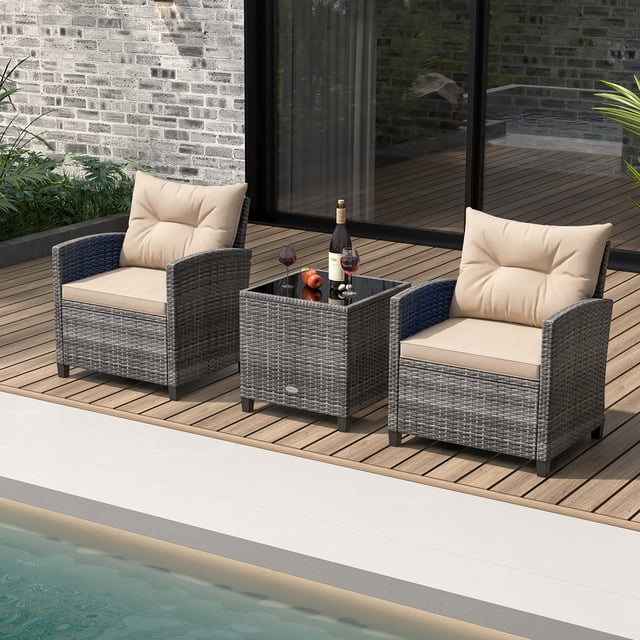 Gymax 3PCS Patio Rattan Furniture Bistro Set Cushioned Sofas Side Table Armrest