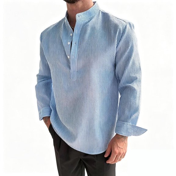 Lmueinov Striped Long Sleeve Shirts for Men Plus Size Button Mock Neck Loose Fit Tops Office Vacation Casual Vacation Outfits