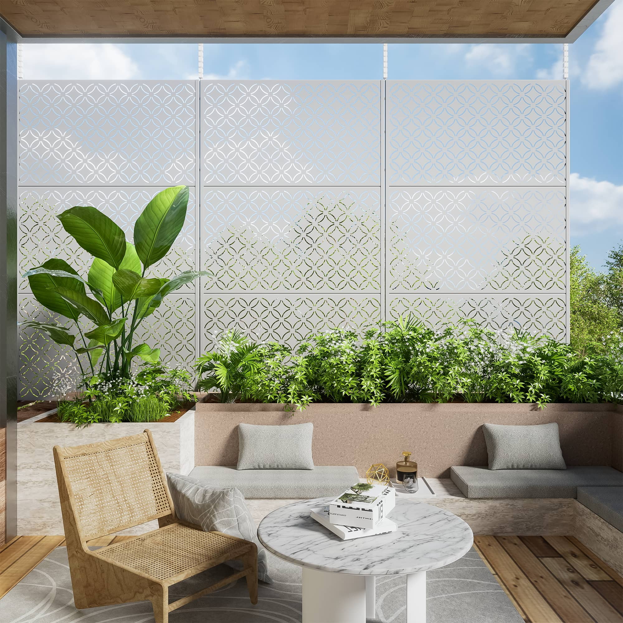 MAYEERTY 72" × 47" Outdoor Privacy Screen, 3 Panels Metal Decorative Screen, White
