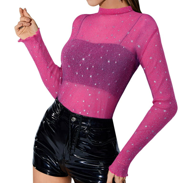 ZXSXSY Glitter Star Sheer Mesh Top for Women Short Long Sleeve