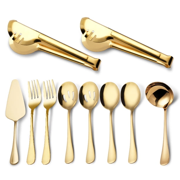 Los utensilios para servir incluyen cucharas grandes para servir, cucharas ranuradas para servir, tenedores para servir, pinzas para servir, cucharón para sopa y servidor de tartas, utensilios para