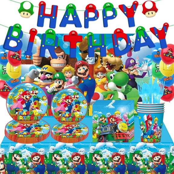 Mario Birthday Party Supplies with Balloons, Birthday Banners, Cake Toppers, Happy Birthday Backdrop