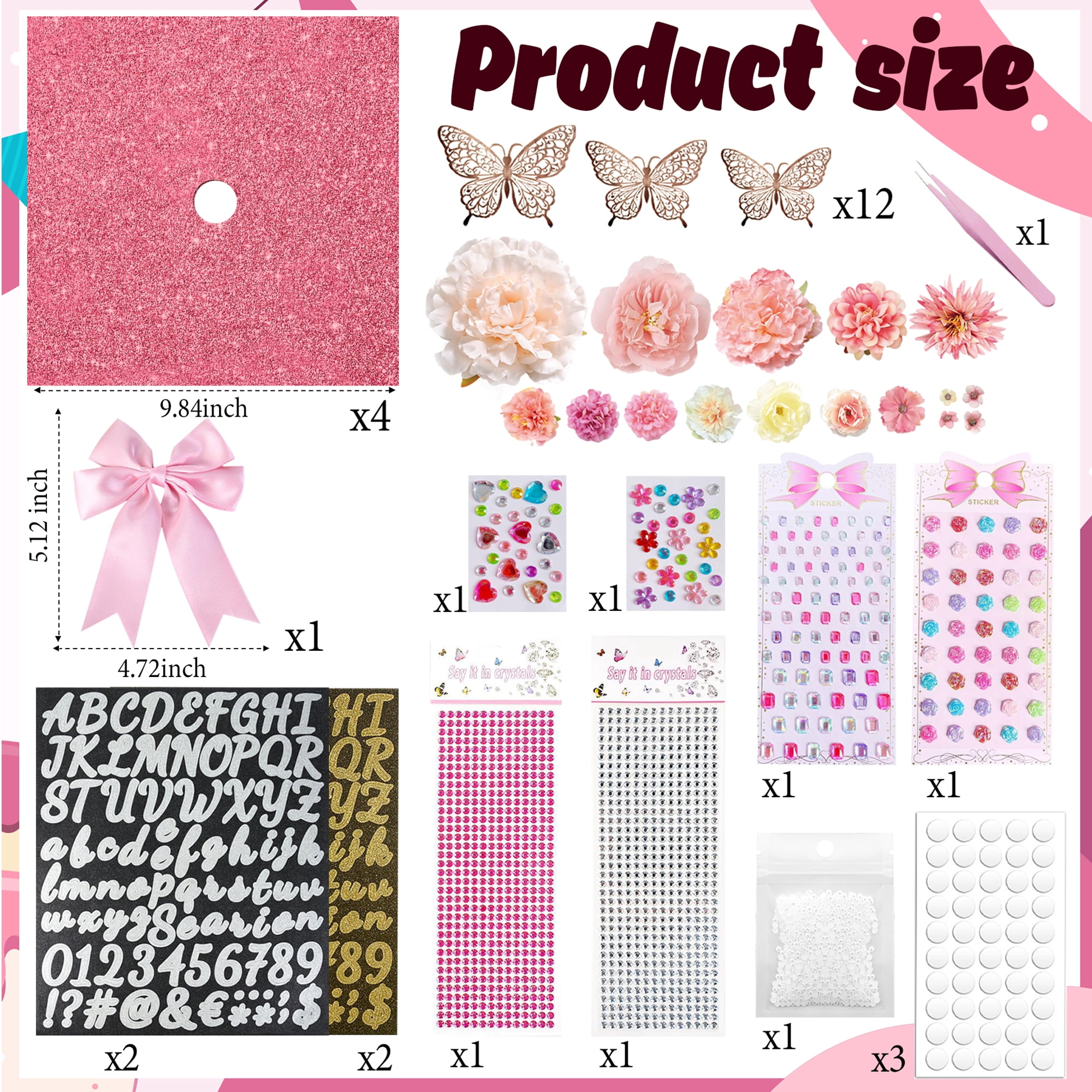 2026 Graduation Cap Decorations Kit, 56 Pcs DIY Grad Cap Topper Set with Artificial Flowers, Bow, 3D Butterflies, Glitter Letters, Rhinestones for High School College Graduation