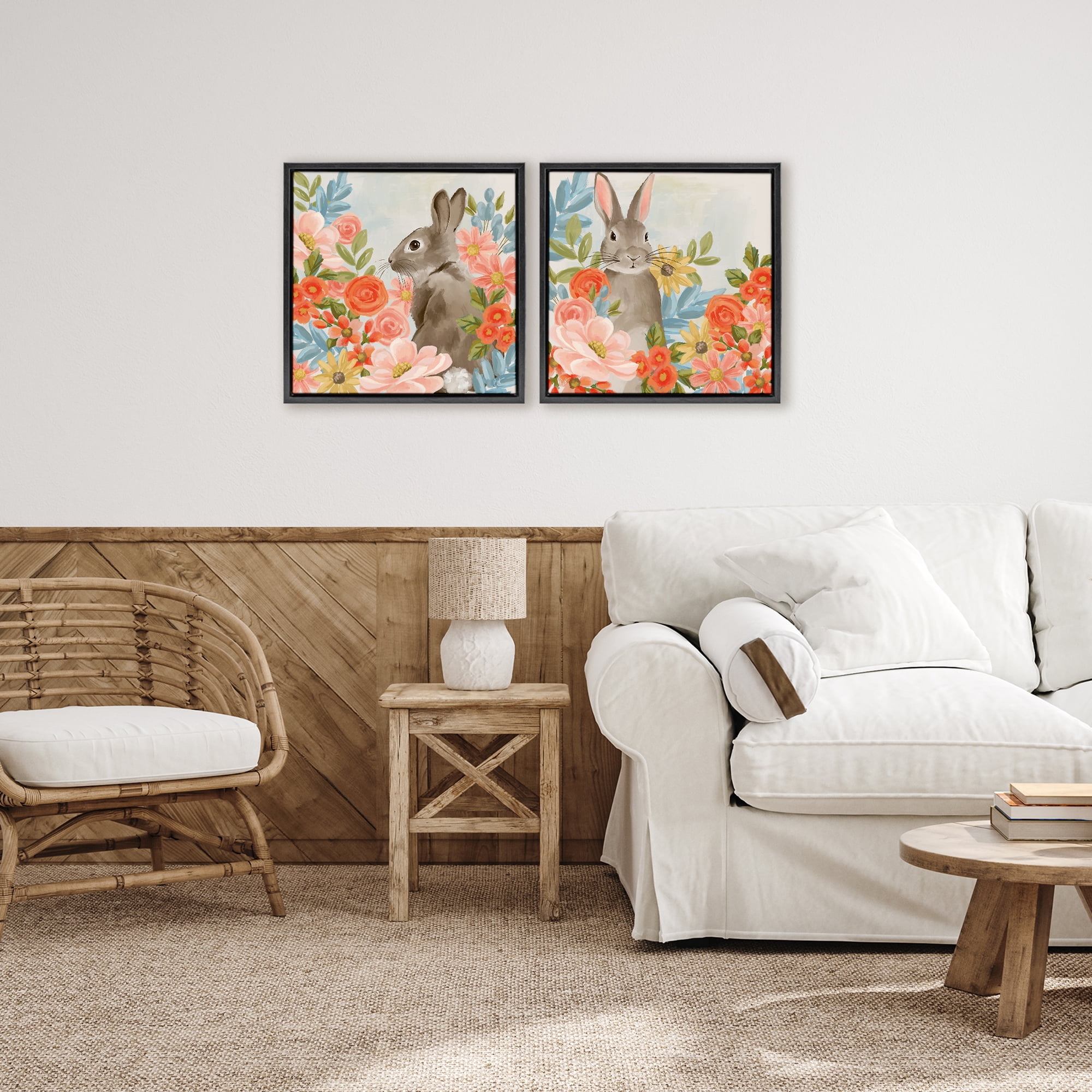Stupell Industries Bright Bunny Blooms 2 Piece Black Framed Floater Canvas Set, design by Cat Thurman Designs