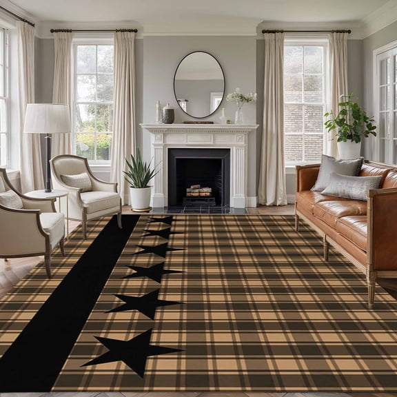 8x10 Area Rugs, Brown Black Plaid Non-Skid Rubber Backing Large Rectangle Rugs - Living Room Bedroom Home Office, Vintage Rustic Star Buffalo Check Indoor Floor Mat Carpets Washable Rug