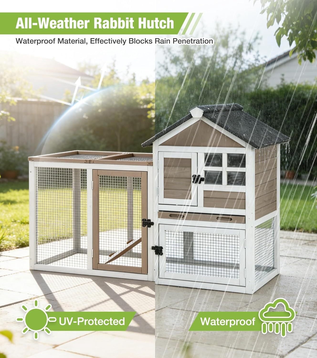 Aivituvin Rabbit Hutch Outdoor Rabbit Cage Indoor 51.6" L Waterproof Bunny Cage with Chew-Proof Ramp and Lockable Doors for Indoor Outdoor Use Grey