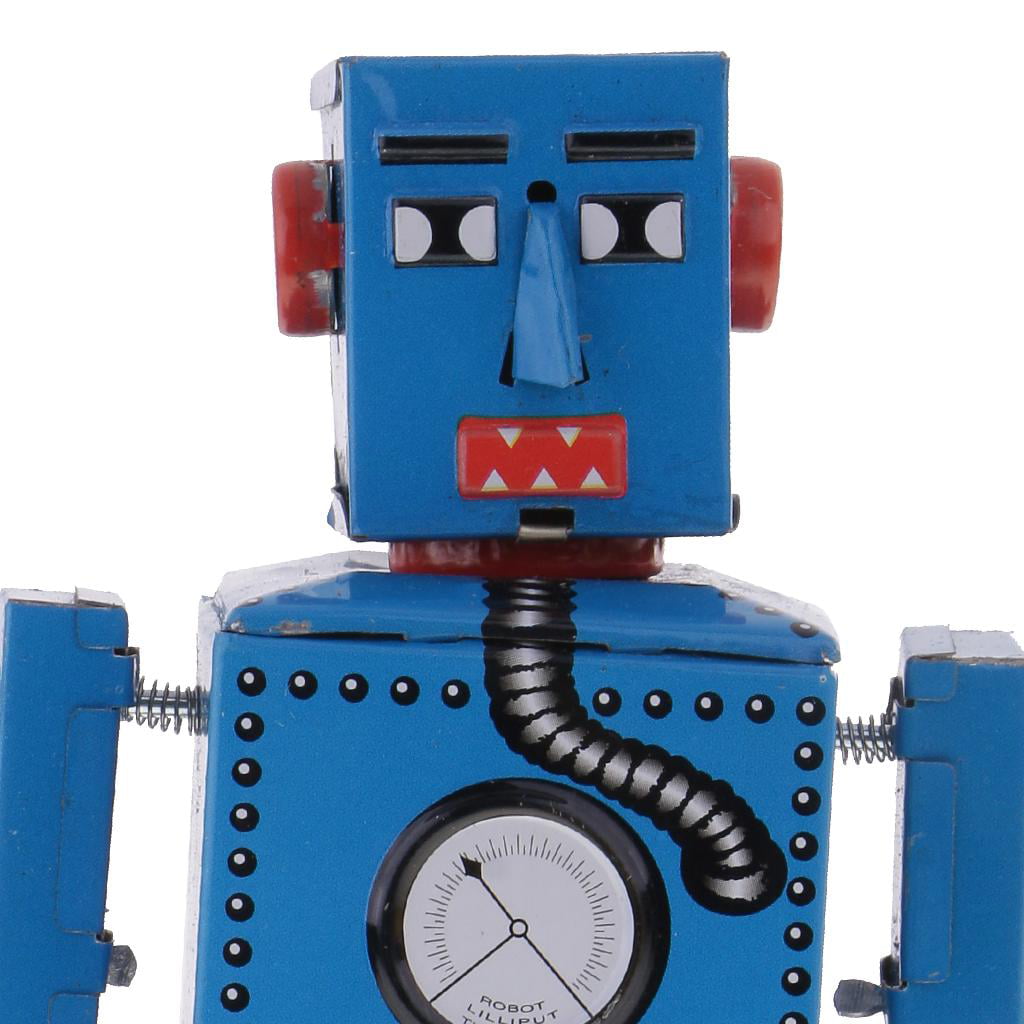 Vintage 16cm Tinplate Walking Lilliput Robot Mechanism Wind Up Toys Blue 