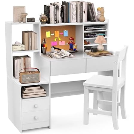 43 inch Kids Study Desk and Chair Set with Storage Hutch, White Girls Desk with 4 Drawers for Child's Bedroom, Ideal for Homework for Ages 8-12$$Home Decor, Kitchen, & Other