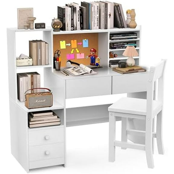 43 inch Kids Study Desk and Chair Set with Storage Hutch, White Girls Desk with 4 Drawers for Child's Bedroom, Ideal for Homework for Ages 8-12$$Home Decor, Kitchen, & Other