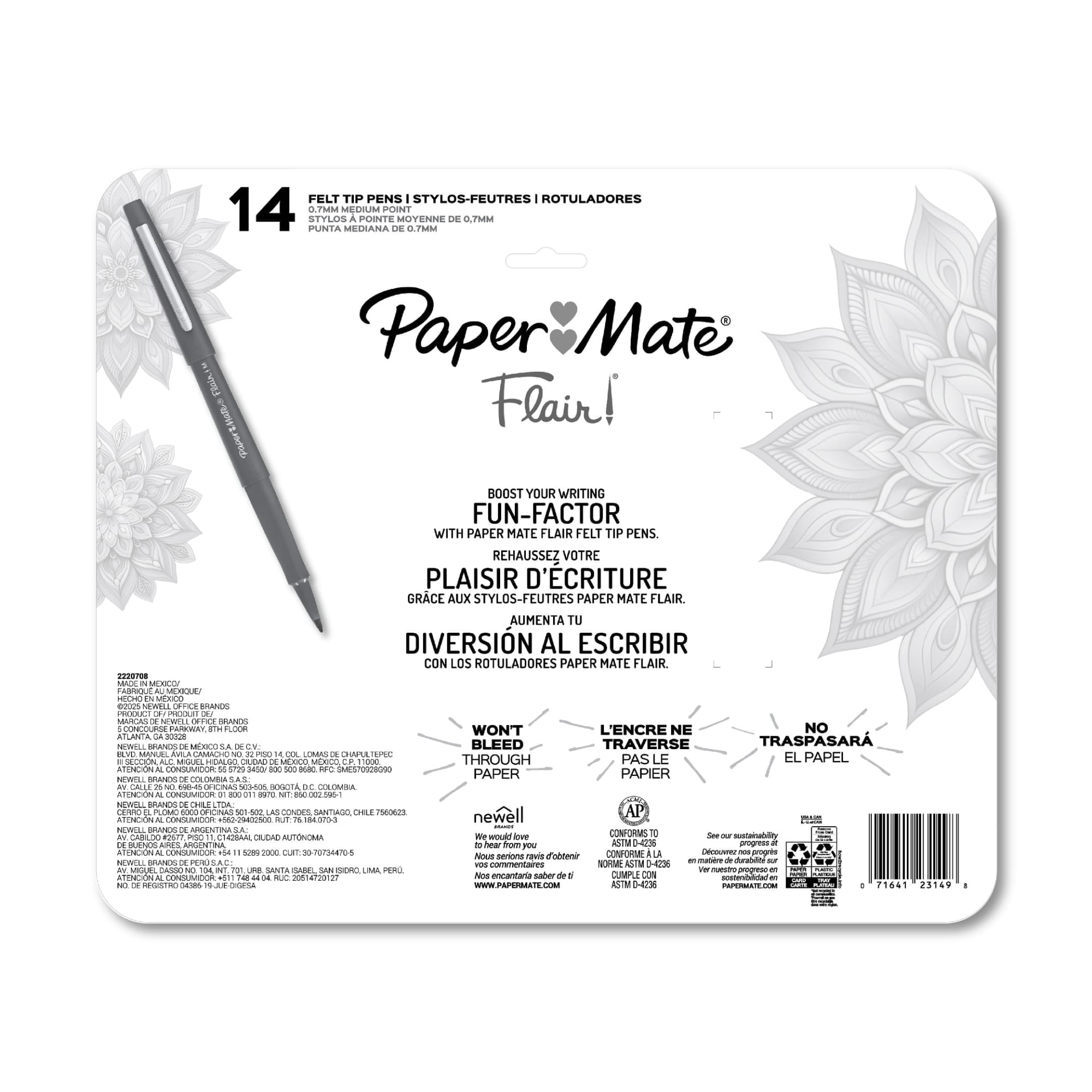(5 pack) Paper Mate Flair Felt Tip Pens, #1 Teacher Choice, Medium Point (0.7mm), Assorted Colors, 14 Count