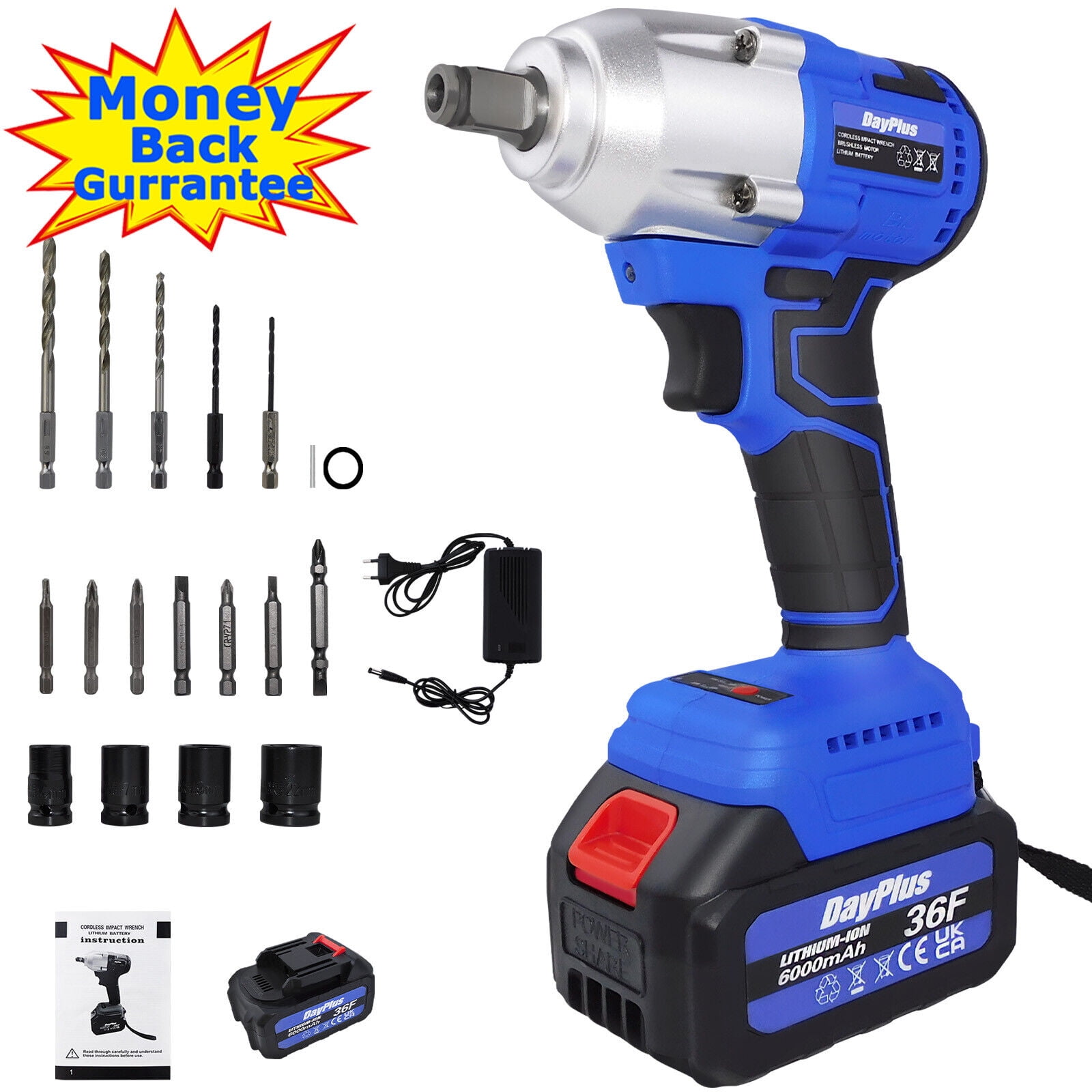 Dayplus Electric Impact Wrench Cordless Brushless Gun 1/2'' Driver Tool