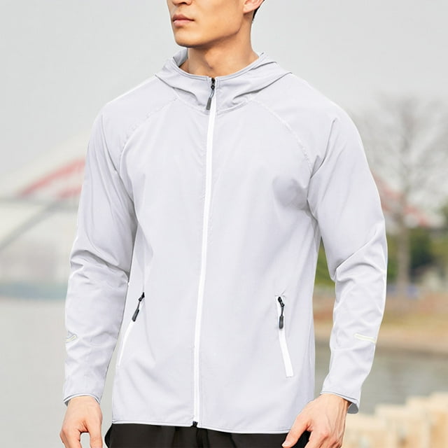 Men's Summer Running Windbreaker Hooded Jacket - Lightweight Polyester Spandex Quick-Dry Outdoor Exercise Coat