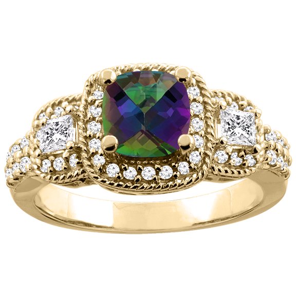 14K Yellow Gold Natural Mystic Topaz Ring Cushion-cut 6x6 mm Diamond Accent, size 5.5
