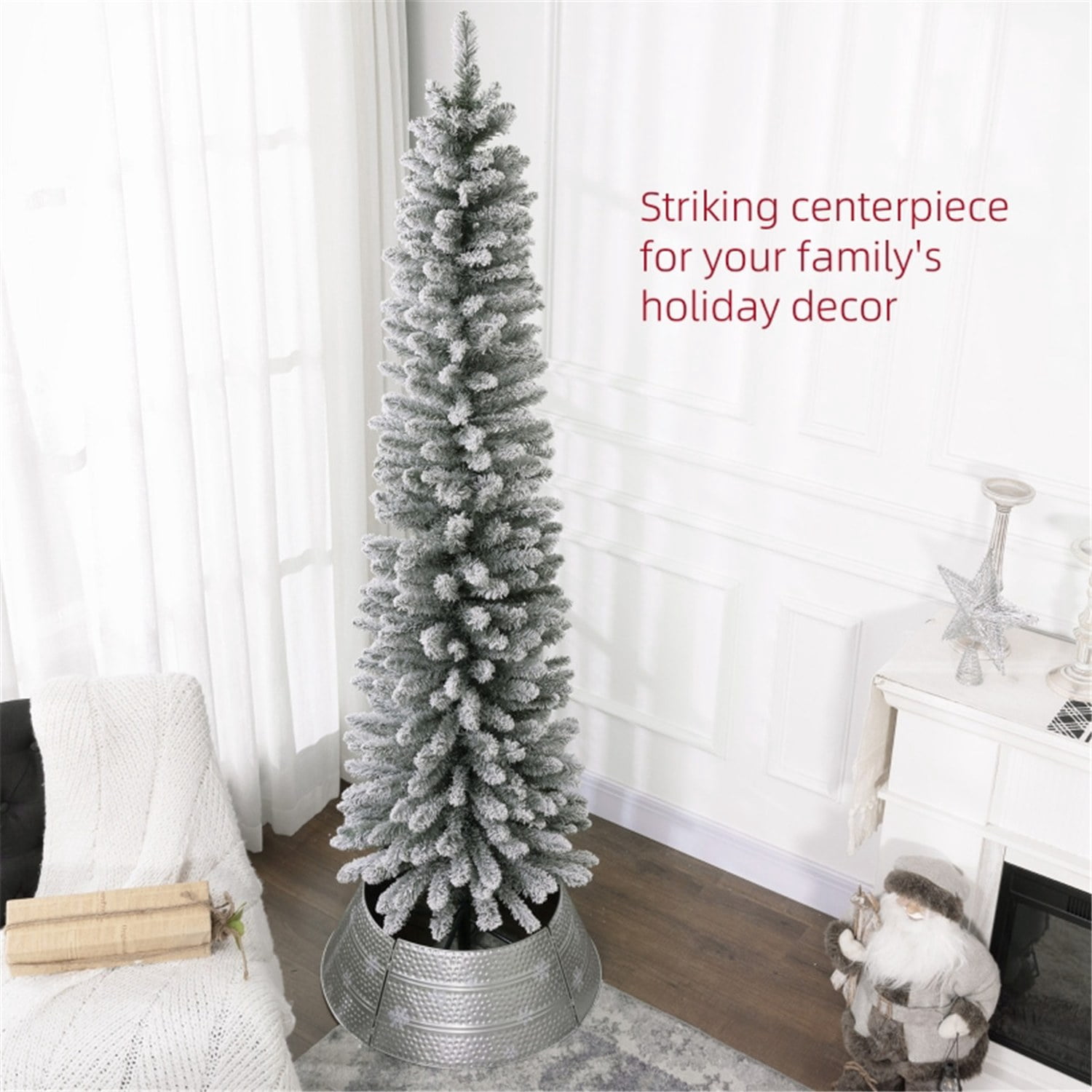 Astoutdoor 7 ft Snow-Flocked Pencil Christmas Tree with 405 Tips, Green, Indoor Use