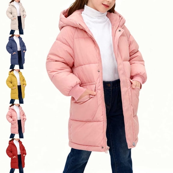 Teylalorva Girls Mid Length Coat Zip up Hooded Fleece Lined Thick Padded Jacket with Pockets Warm Winter (2-12) Pink Size 5T
