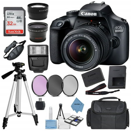 Canon EOS 4000D Digital SLR Camera w/ 18-55MM DC III Lens Kit (Black) with Accessory Bundle Package Includes: SanDisk 32GB Card + DSLR Bag + 50’’ Tripod+ONESTOP Cloth (International Model)