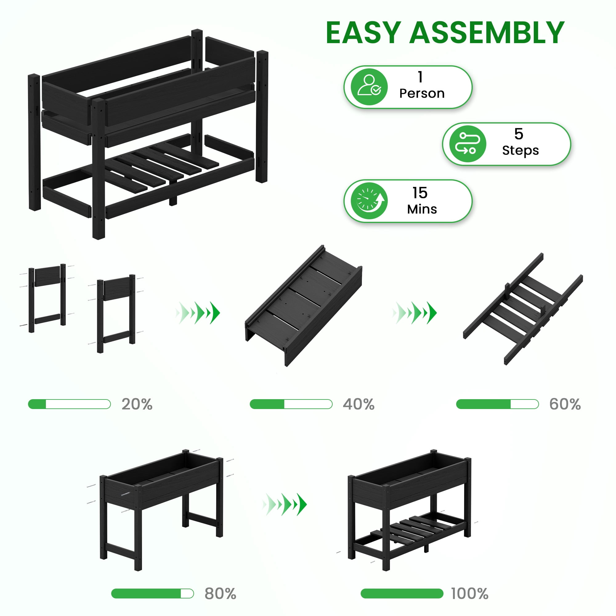 SERWALL HDPE Raised Garden Bed with Legs, 43"x16"x30" Elevated Planter Box, Outdoor Planter for Vegetables Flowers, 2-Piece, Black