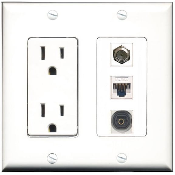 RiteAV - 15 Amp Power Outlet 1 Port Coax 1 Port Toslink 1 Port Cat5e Ethernet White Decorative Wall Plate