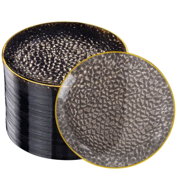 100PCS Gold Plastic Plates, 7 inch Hammered Dessert Plates | Hammered Party Plates, Fancy Plastic Plates Disposable Appetizer Plates, Heavy Duty Plastic Dessert Plates for Party Wedding