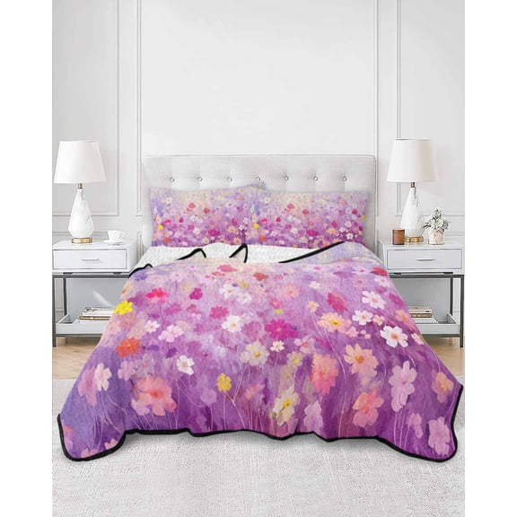 Quilts Queen Size, Pink Spring Floral Soft Comforter Bedding Set for Bed, Summer Daisy Botanical Oil Painting Lightweight Quilted Bedspread with Pillow Cover(2 Pieces) for All Season, 90x96 Inch