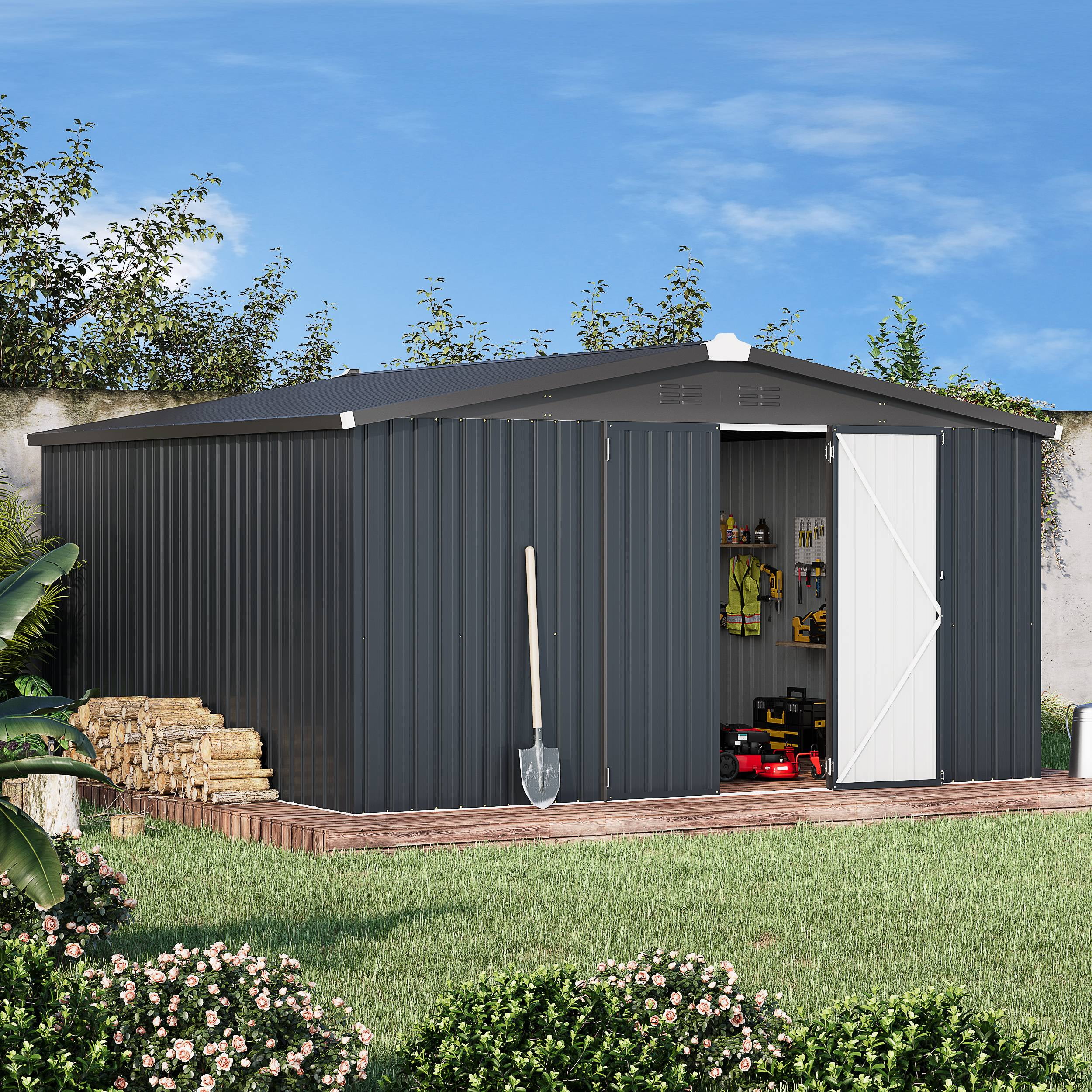 AECOJOY 12' x 12' Outdoor Storage Shed with Lockable Door Patio Metal Garden Storage Building in Dark Gray for Outside