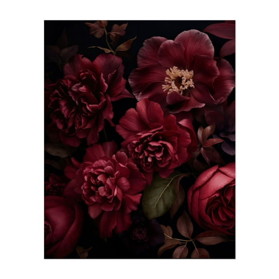 Burgundy Blooms Floral Drama - Painting Floral Flowers Botanical Nature Vintage Unframed Wall Art Print 16 x 20 inches